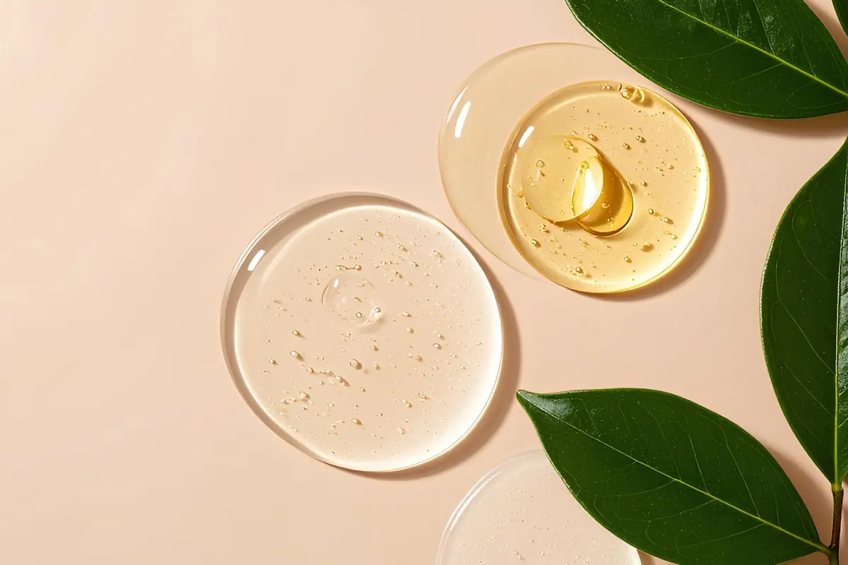 Premium serums and skincare textures arranged on a warm neutral surface