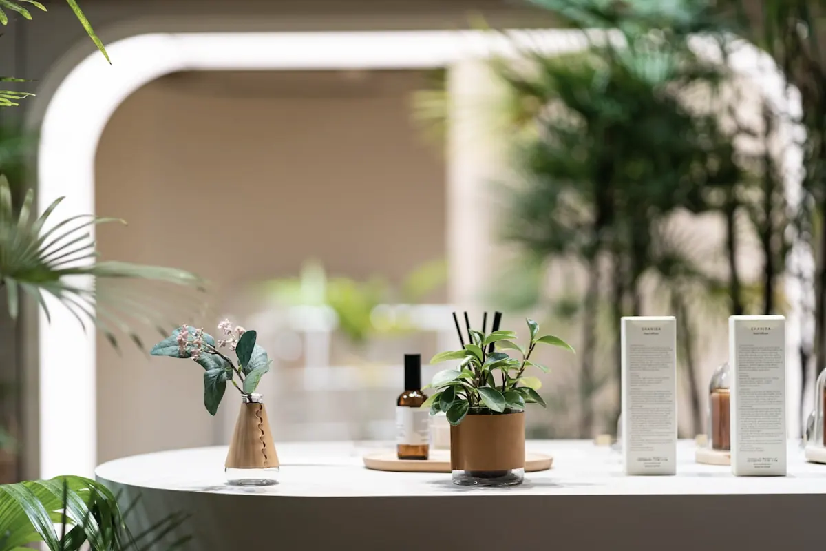 Skincare products displayed on a console beside the treatment rooms